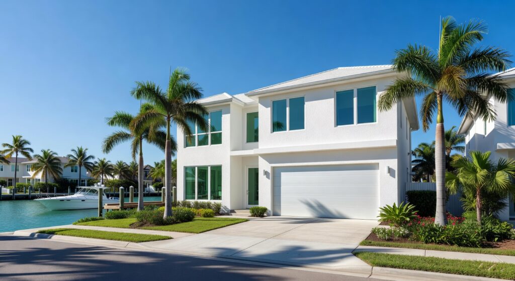 Ultra-realistic 8K HDR photograph of a modern waterfront home in Cape Coral Florida with pristine white garage door on a sunny day with palm trees and blue sky