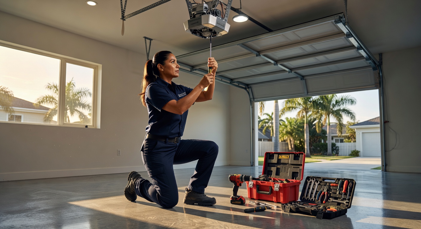 Ultra-realistic 8K photograph of a professional technician in uniform repairing a garage door opener motor inside a clean modern garage in Cape Coral Florida with tools organized on the floor