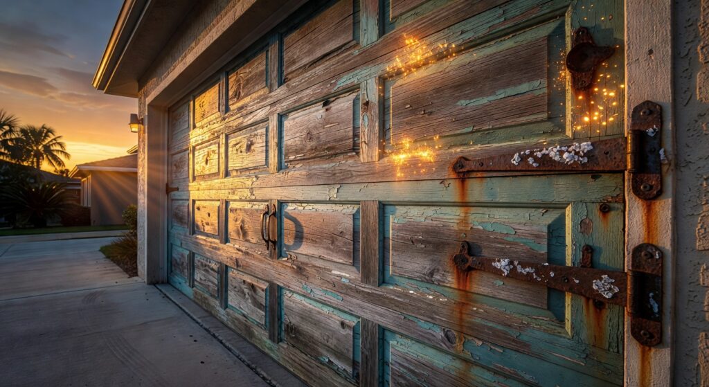 Ultra-realistic 8K photograph of a modern residential garage door in Cape Coral Florida with visible salt air corrosion on metal hardware during golden hour sunset, highly detailed textures, cinematic lighting