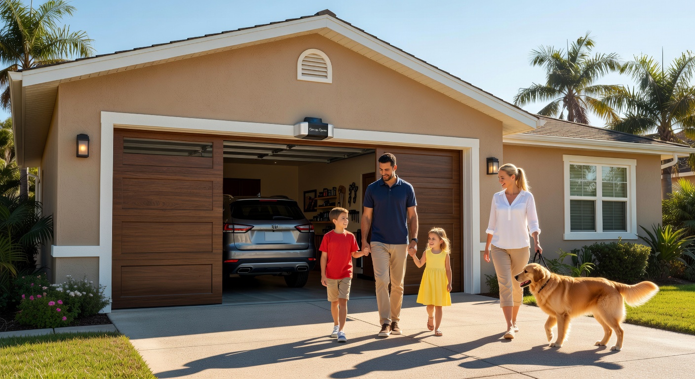 Ultra-realistic 8K image of a family safely entering their home garage with a modern smart garage door opener operating smoothly on a sunny Florida day