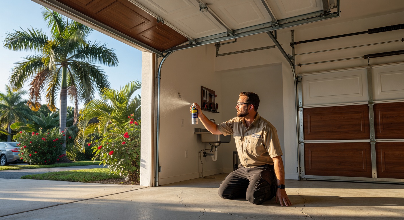 Preventive maintenance being performed on a garage door system in Southwest Florida, technician applying specialized lubricant, detailed realistic scene, natural lighting
