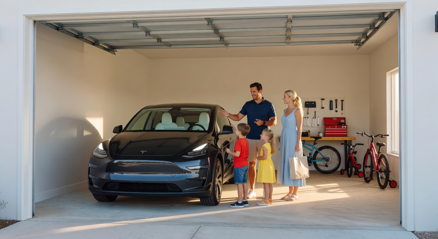 Ultra-realistic 8K photograph of a smartphone displaying a smart garage door control app with modern door visible in background