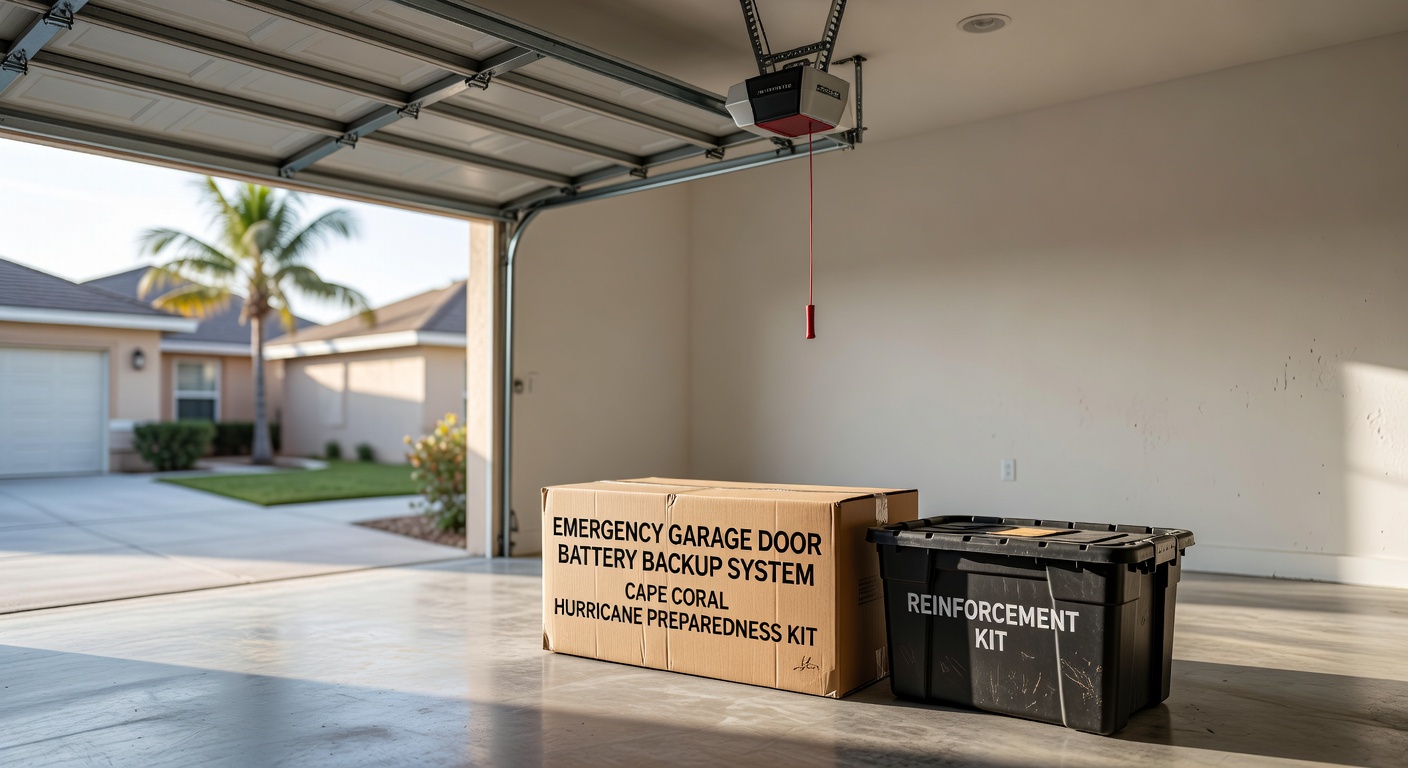 Ultra-realistic 8K photograph of hurricane preparation items including battery backup for garage door opener, reinforcement kit, and emergency manual release in a Cape Coral garage