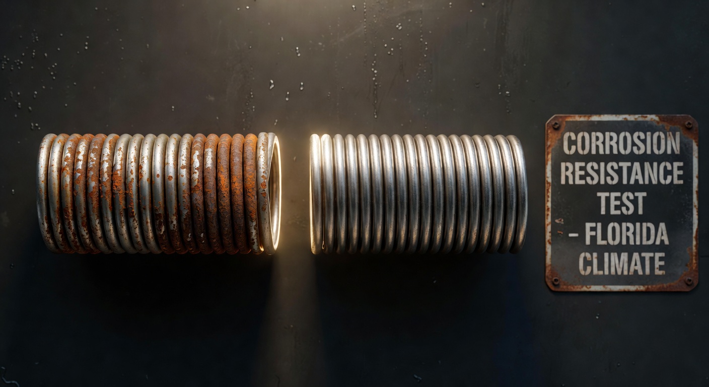 Comparison image showing standard versus marine-grade garage door springs, highlighting corrosion resistance for Florida climate, studio lighting, ultra realistic 8K