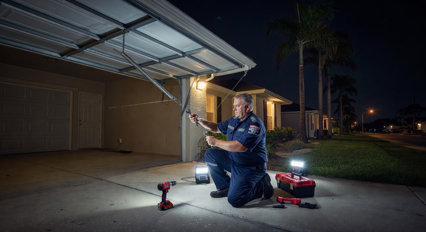 Nighttime emergency same day garage door repair scene with technician working under work lights on a suburban home in Cape Coral, dramatic atmosphere, photorealistic