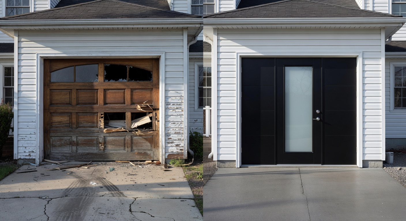 Ultra-realistic 8K image of a family safely parking their car inside a newly repaired garage with fresh paint and hardware in Cape Coral