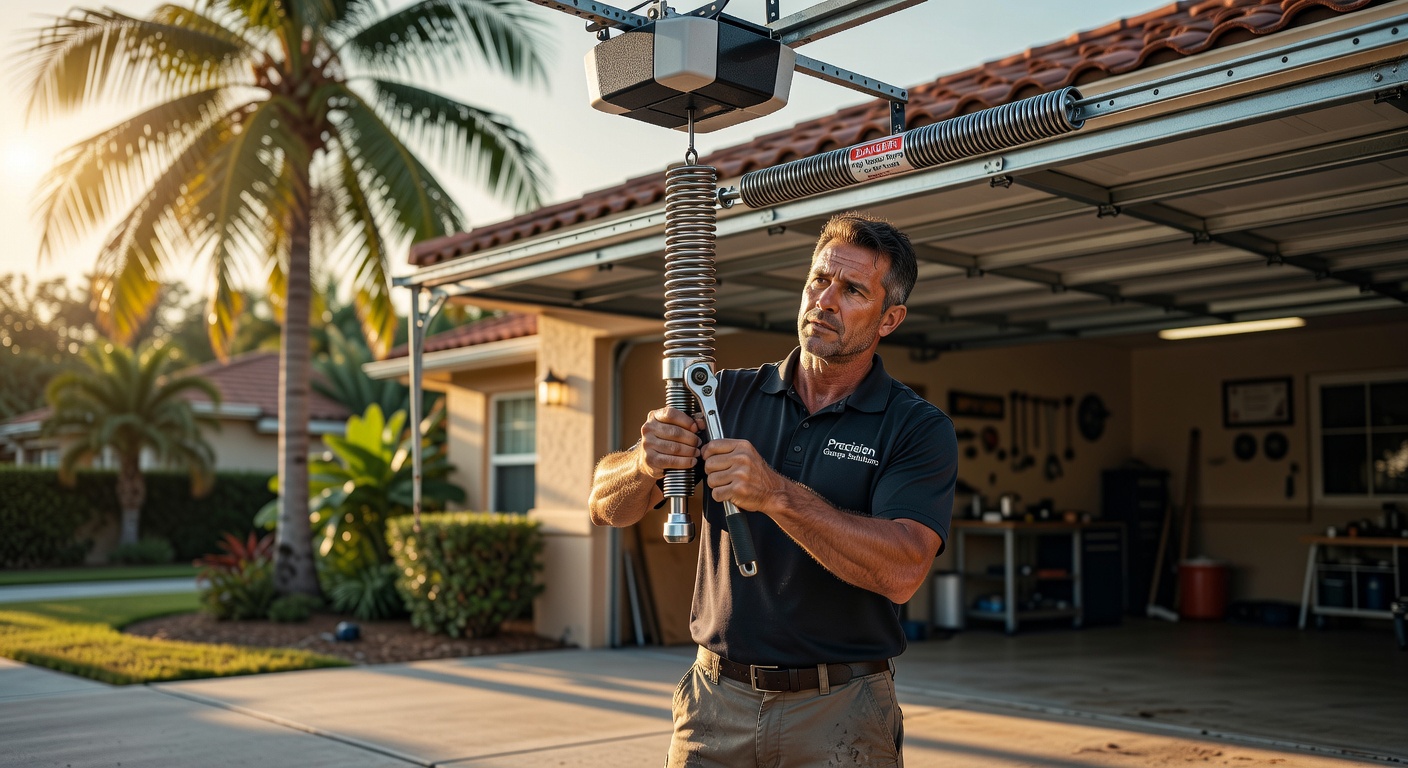 Ultra-realistic 8K detailed shot of a technician testing the tension and balance of a garage door after completing opener repairs in Southwest Florida