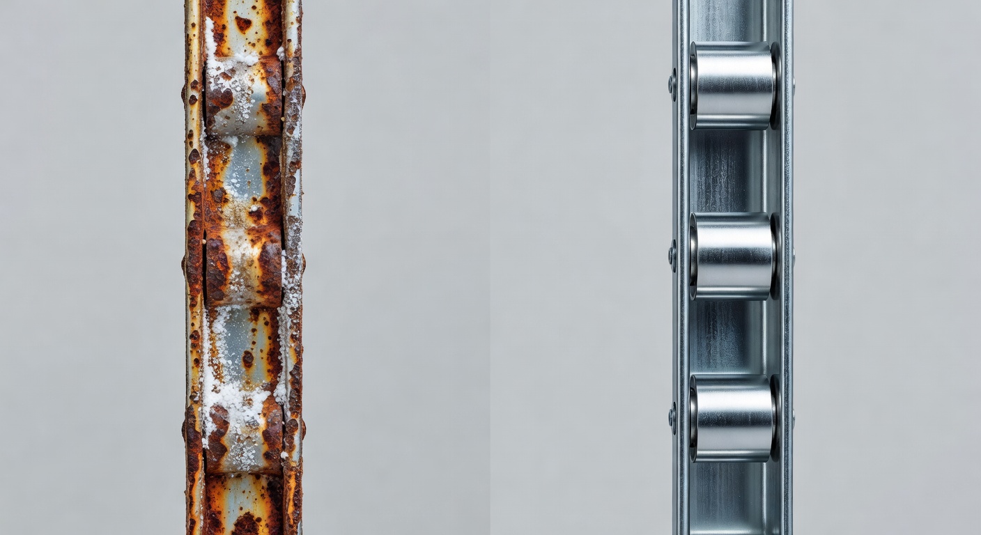 Detailed view of garage door track system with salt corrosion buildup versus properly maintained track, side-by-side comparison, clinical lighting, 8K resolution