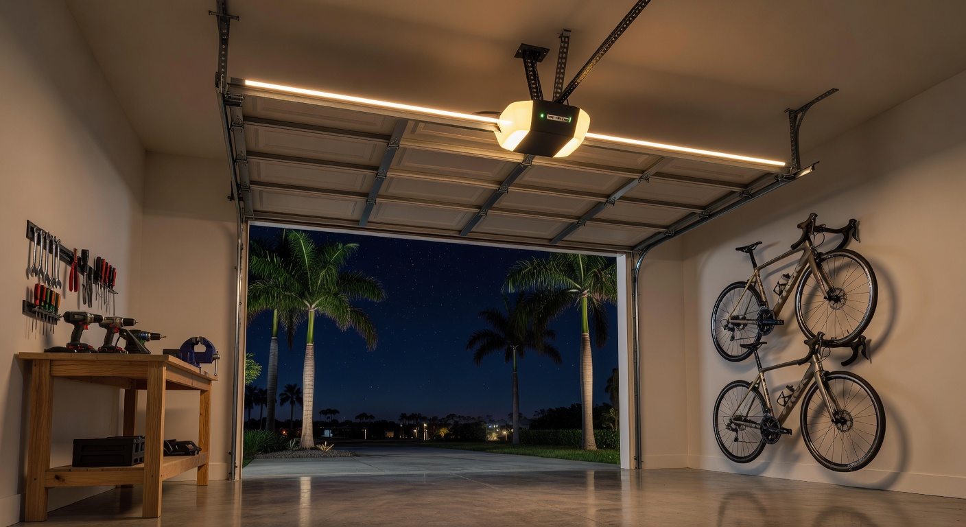 Ultra-realistic 8K image of a newly installed energy-efficient garage door opener with bright LED lighting activated inside a clean organized Florida garage at night