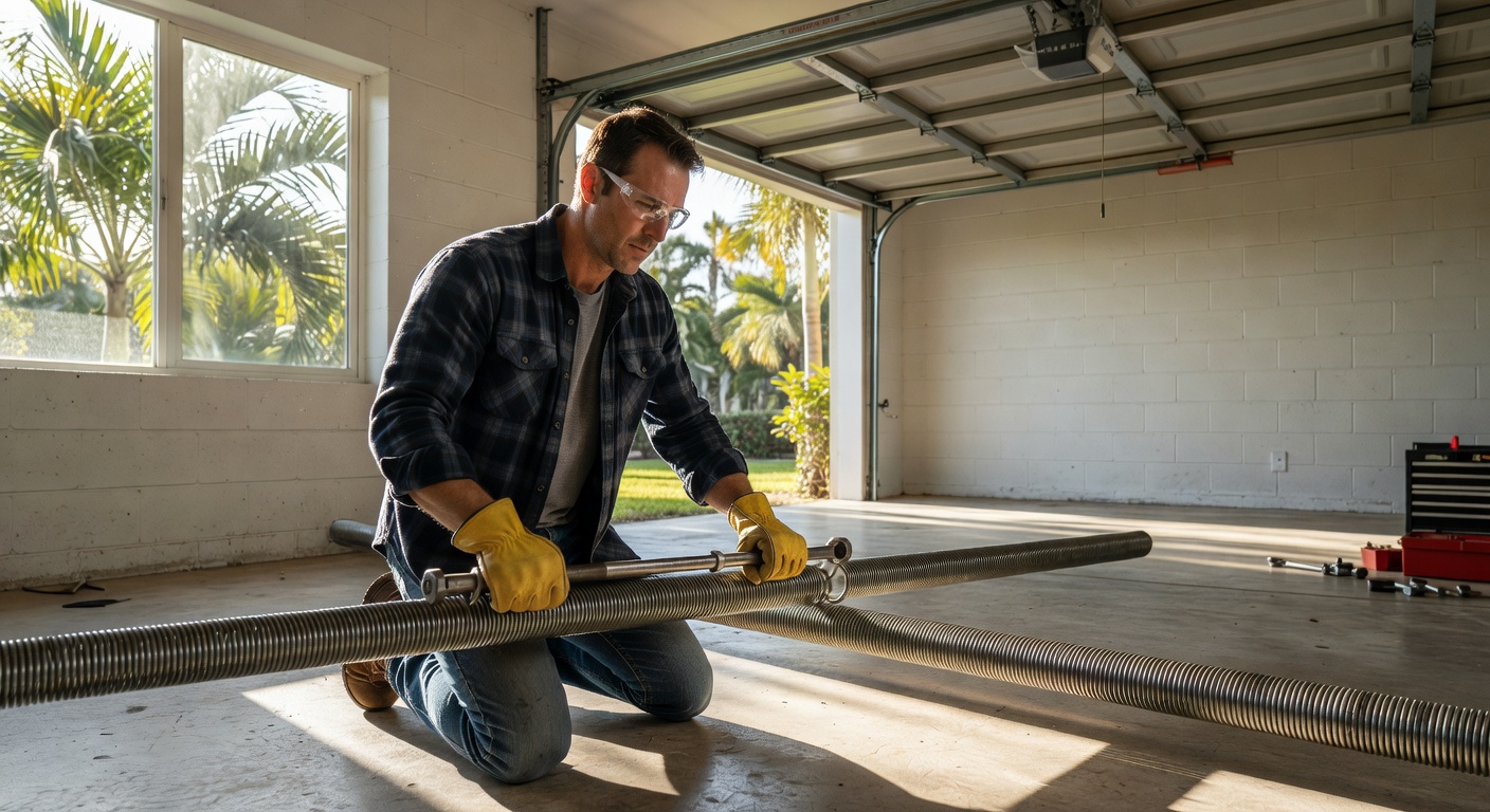 Homeowner safely inspecting garage door springs from floor level following proper safety protocol, realistic suburban Florida garage interior, natural window lighting