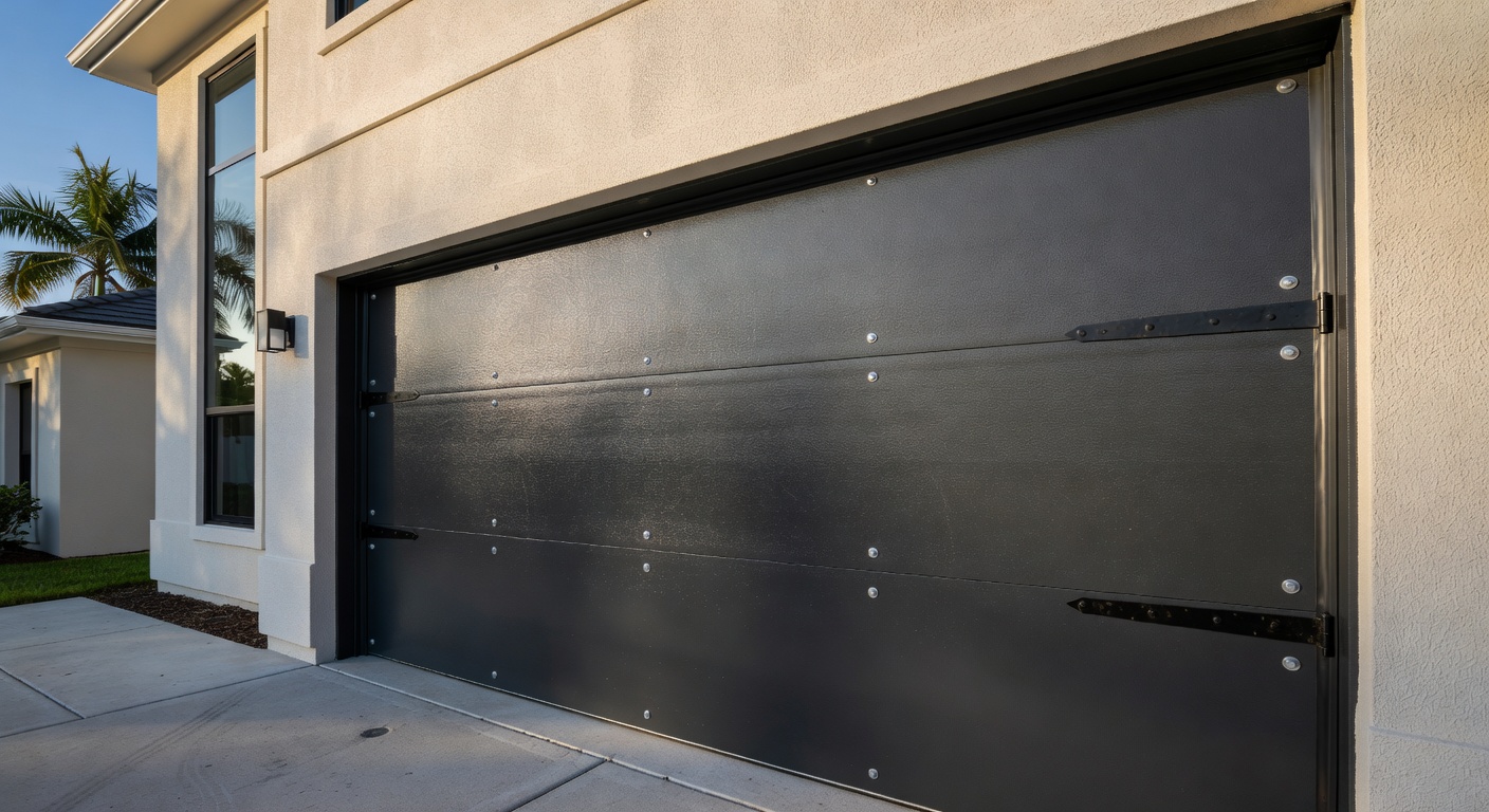 Ultra-realistic 8K photograph of annual garage door maintenance with technician lubricating tracks and rollers on a sunny Florida day