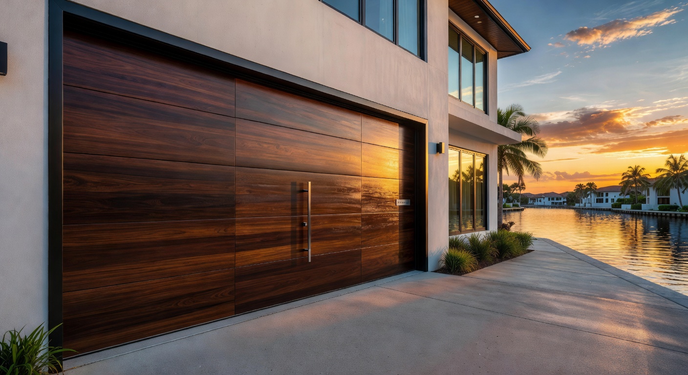 Modern energy-efficient garage door with reinforced construction suitable for Florida weather, beautiful curb appeal on a Cape Coral canal-front home, golden hour photography