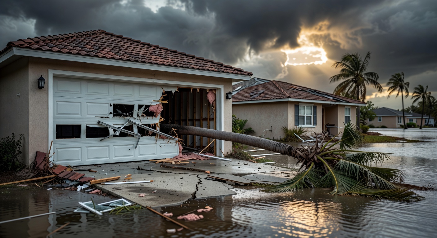 Ultra-realistic 8K image showing before and after split view of damaged versus professionally repaired garage door on same house