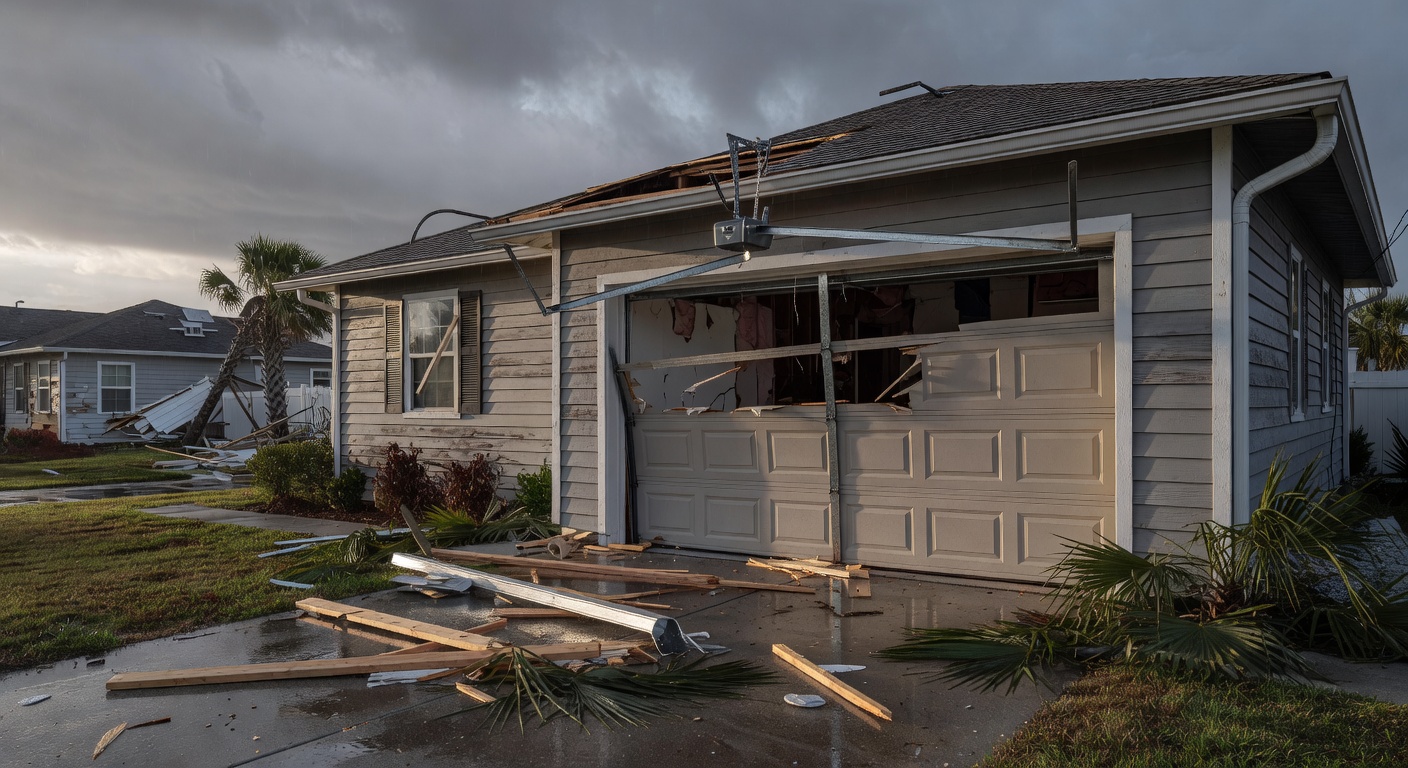 Ultra-realistic 8K photograph showing common tools for garage door repair including lubricant spray screwdriver wrench and voltage tester arranged on a workbench