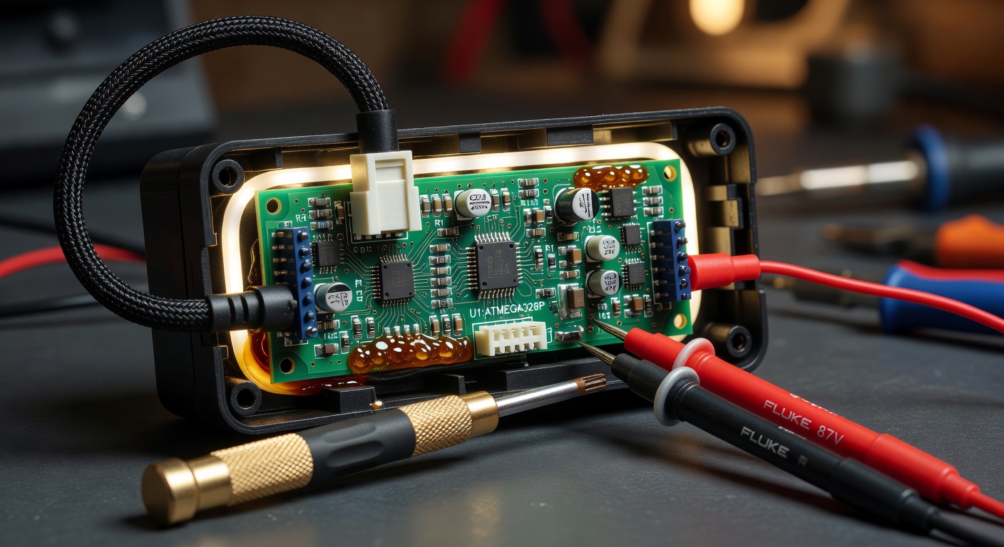 Garage door opener control panel with humidity-resistant circuit board exposed during repair, technical details visible, macro photography style, 8K ultra detailed