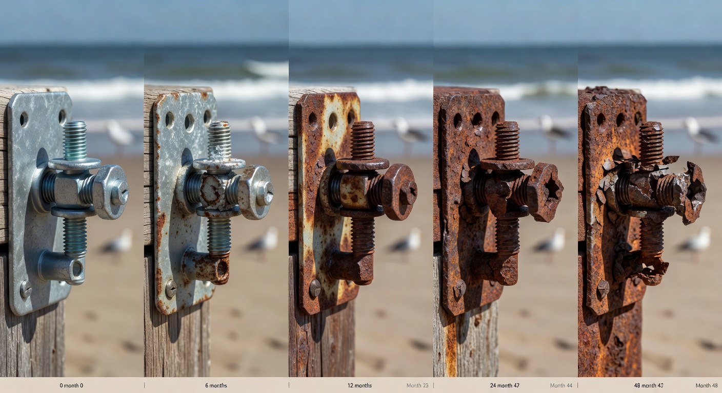 Time-lapse style sequence showing progression of rust on garage door hardware over time in salt air environment, educational infographic style but photorealistic, 8K