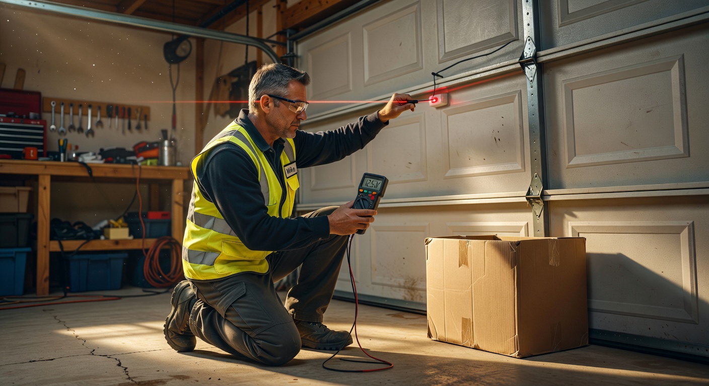 Ultra-realistic 8K portrait of smiling certified garage door technicians in uniform standing by their service van in Cape Coral