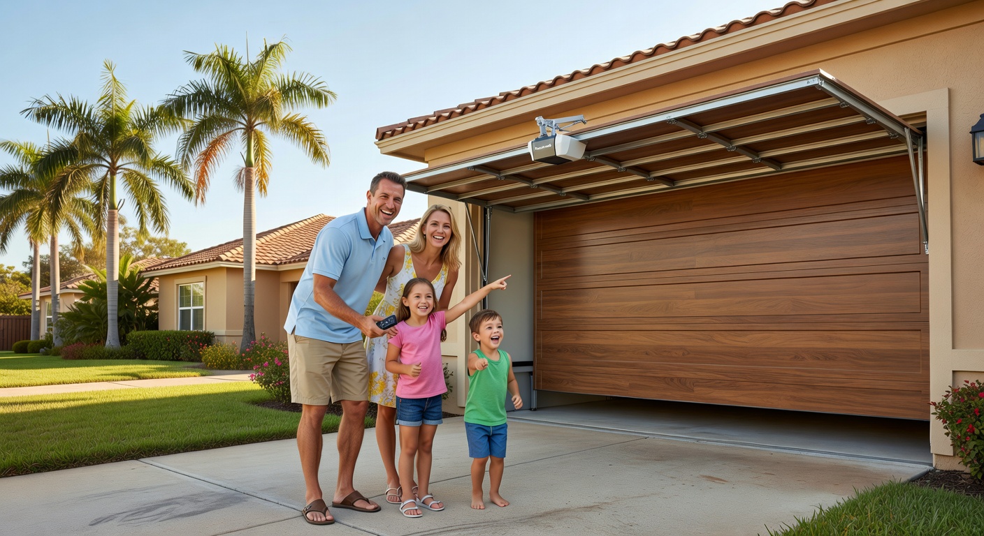 Happy Southwest Florida family with newly repaired garage door that opens smoothly, sunny day, realistic suburban setting in Cape Coral, warm inviting atmosphere, 8K resolution