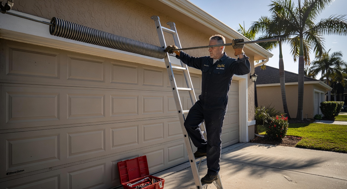 Ultra-realistic 8K image of a professional uniformed technician repairing a torsion spring on a residential garage door in a Cape Coral driveway