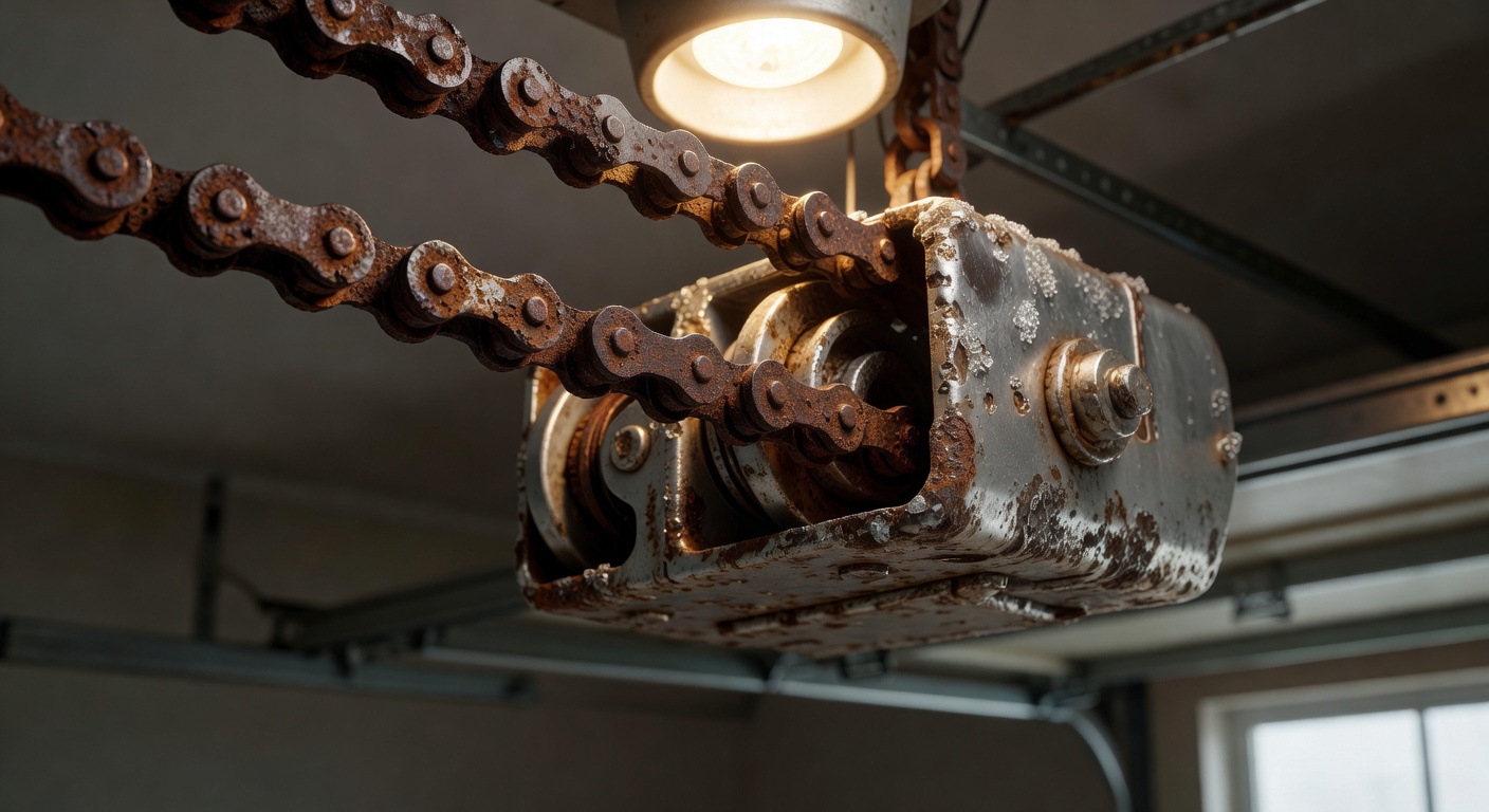 Ultra-realistic 8K close-up image of a corroded metal chain and trolley system on a garage door opener caused by high humidity and salt air in Southwest Florida