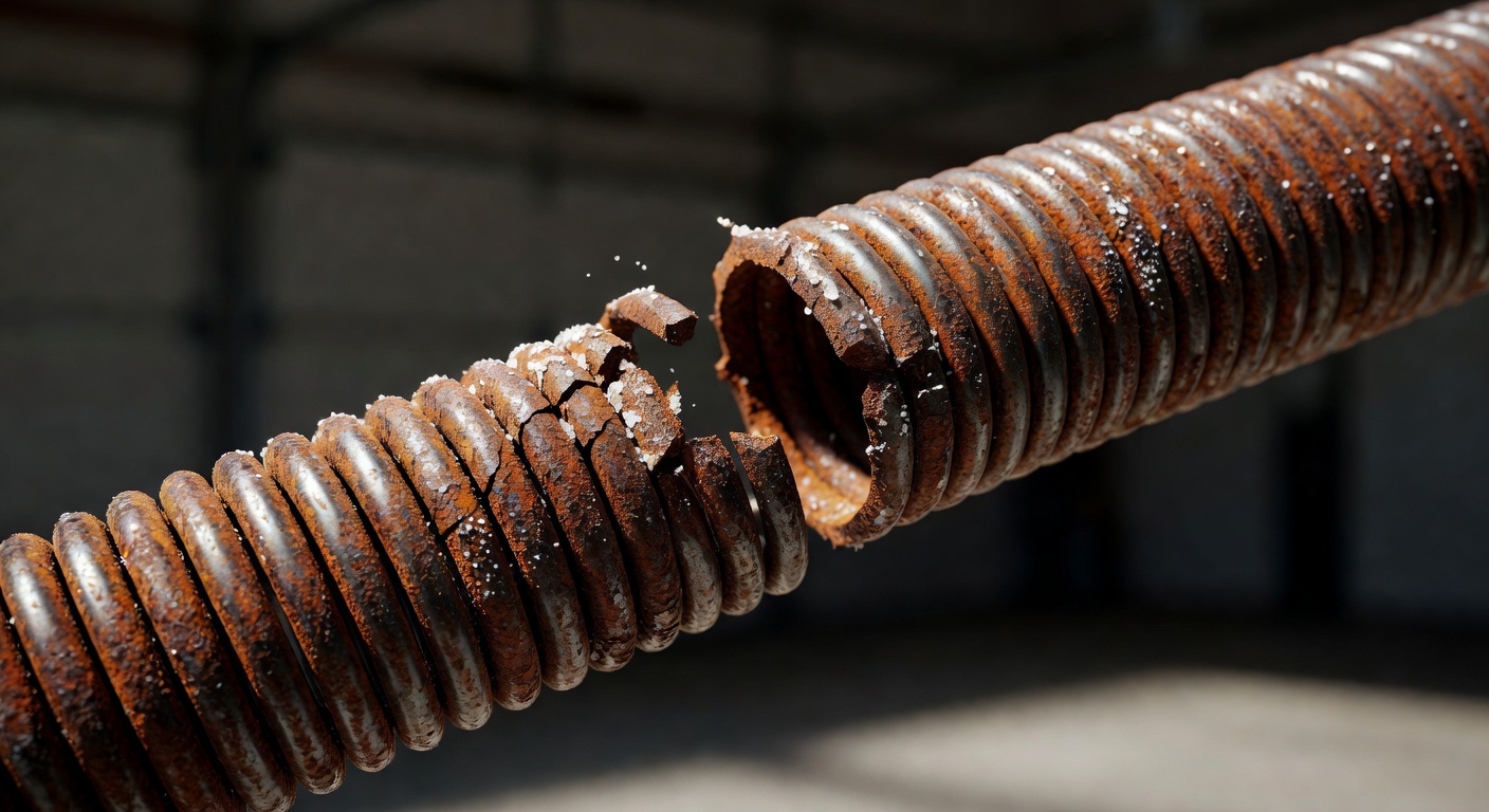 Extreme close-up of a broken garage door torsion spring with visible rust pitting and snapped end, dramatic lighting highlighting salt corrosion damage, macro photography style, 8K resolution