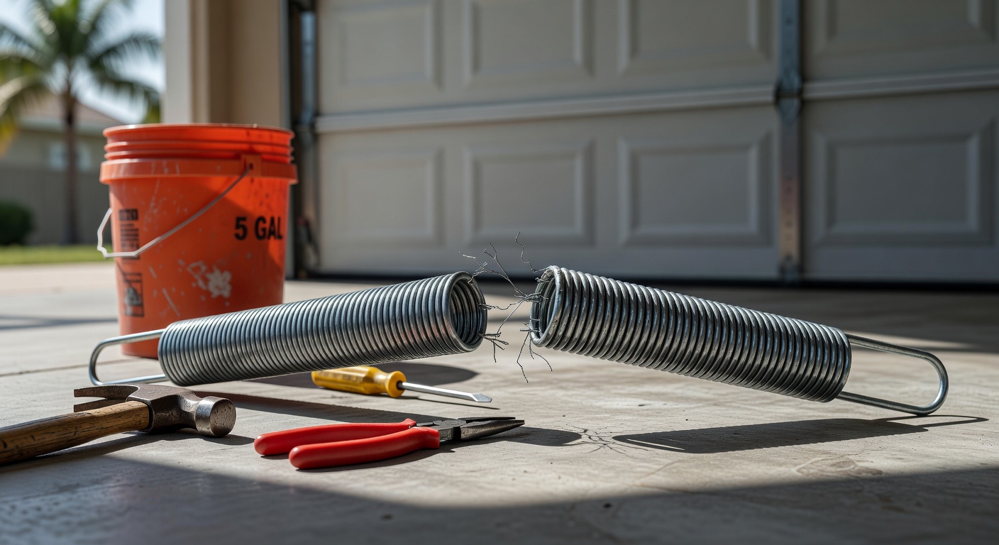 Ultra-realistic 8K close-up photograph of a snapped heavy-duty garage door extension spring on concrete with tools nearby in Florida sunlight