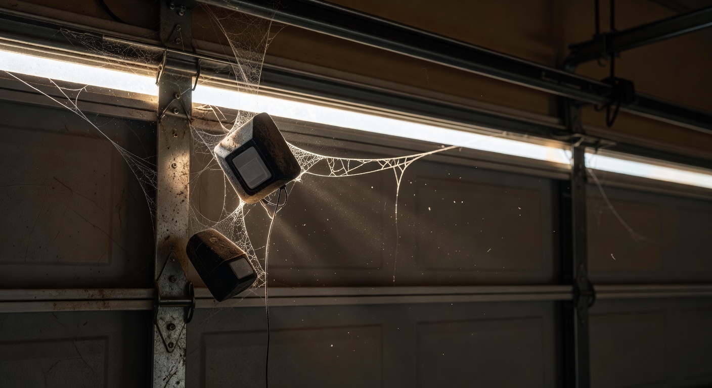 Ultra-realistic 8K image of misaligned garage door safety sensors covered in spider webs and dust with Florida sunlight creating glare in a residential garage
