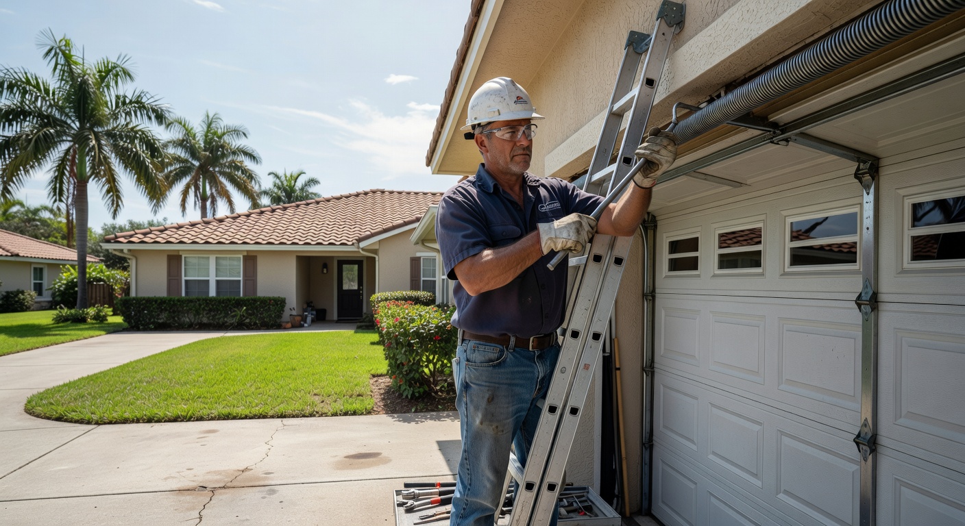Professional technician performing same day garage door repair in Southwest Florida wearing safety equipment, replacing torsion springs on a residential garage, realistic details, natural daylight