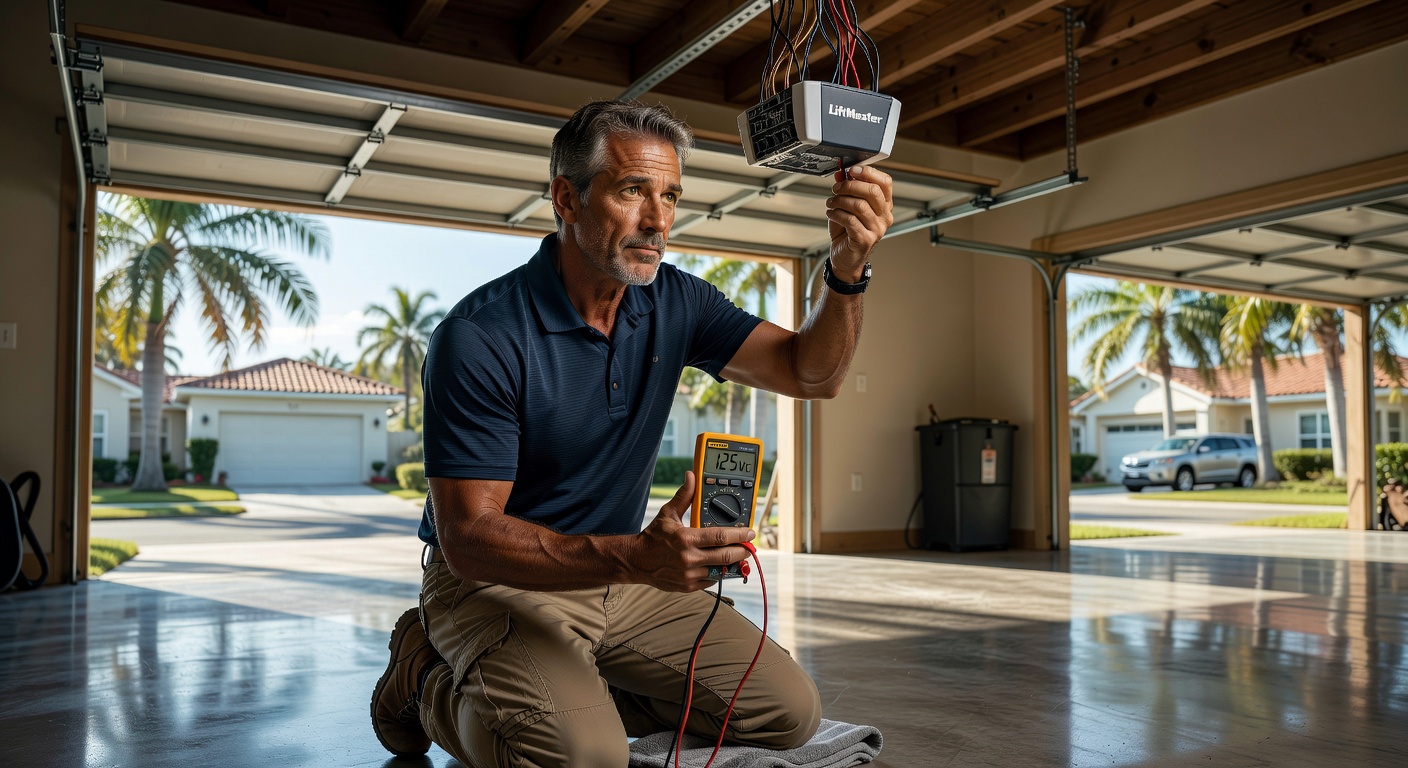 Ultra-realistic 8K photograph showing a homeowner troubleshooting a garage door opener using a multimeter while checking electrical connections in a Cape Coral home