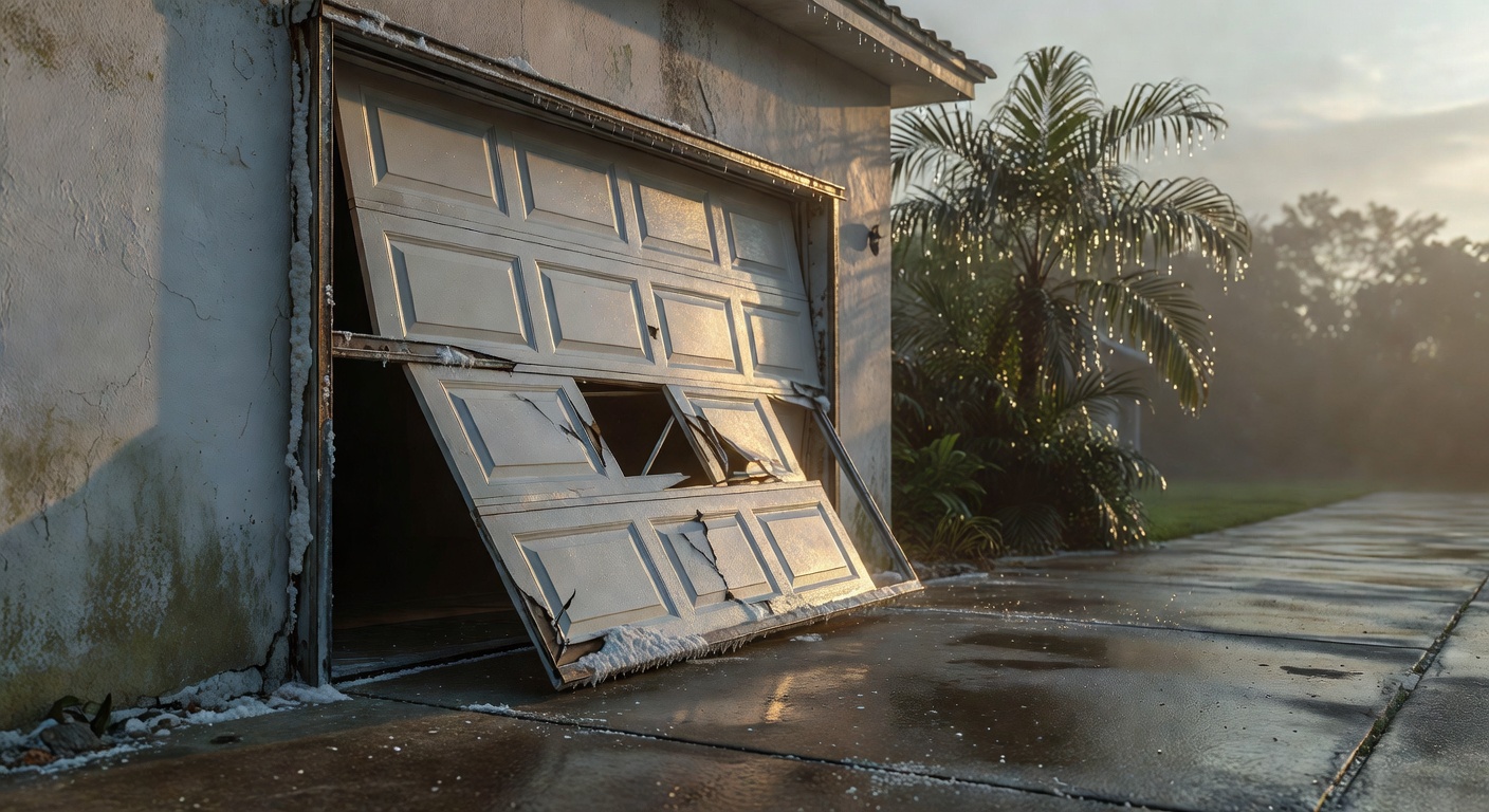 Garage door completely off its vertical track in a humid Florida environment with morning dew visible, salt residue on tracks, photorealistic 8K image with dramatic shadows