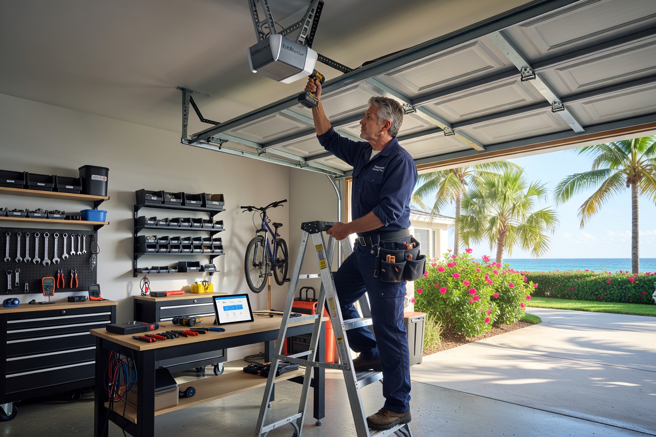 Ultra-realistic 8K image of an expert technician installing a smart WiFi garage door opener system inside a clean organized Florida garage