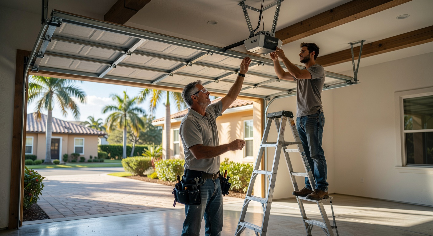 Ultra-realistic 8K image of a quiet belt-drive garage door opener being installed by two technicians in a newly built Southwest Florida home with palm trees visible outside