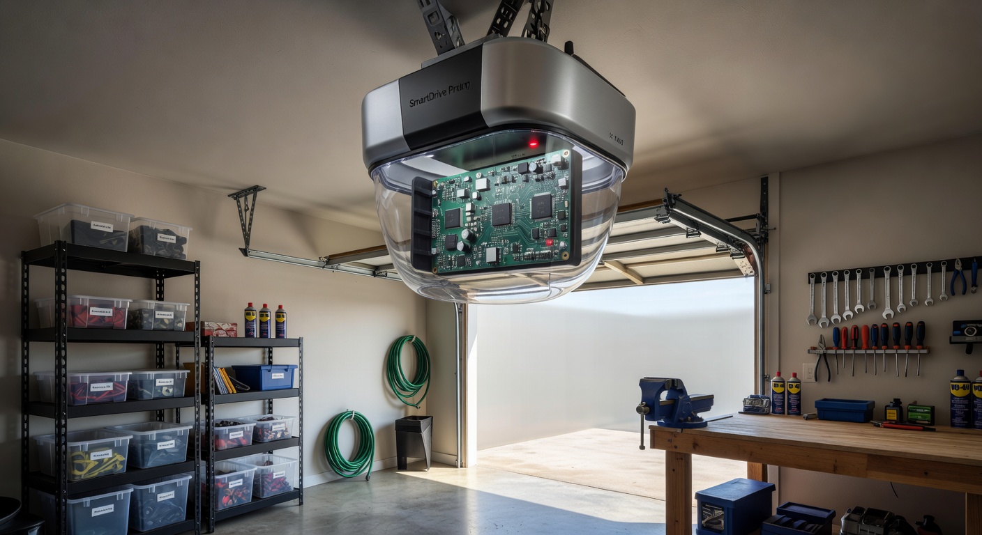 Interior view of a Cape Coral garage showing a modern garage door opener with visible circuit board and humidity protection features, clean organized space, realistic 8K photography
