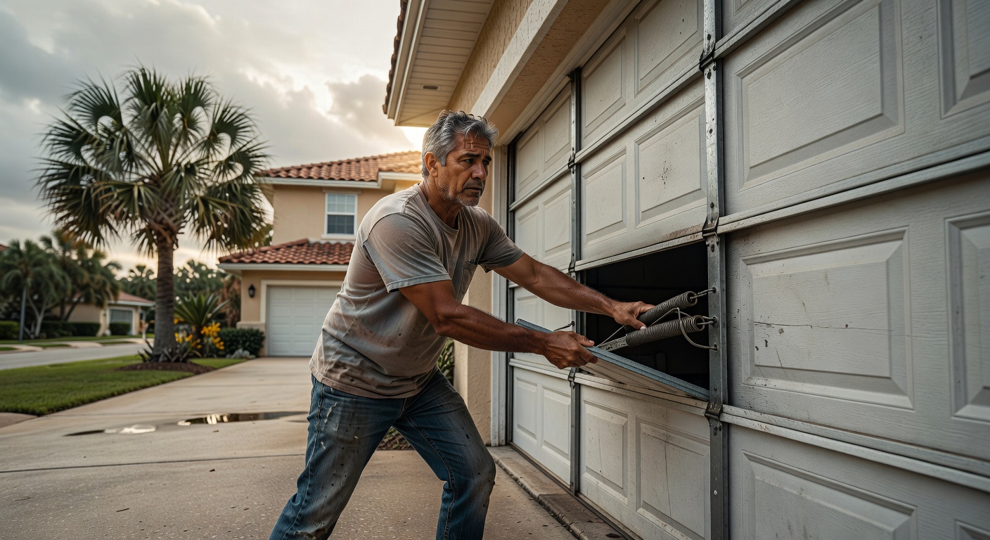 Ultra-realistic 8K lifestyle photograph of a concerned Cape Coral homeowner attempting to lift a stuck garage door on an overcast day