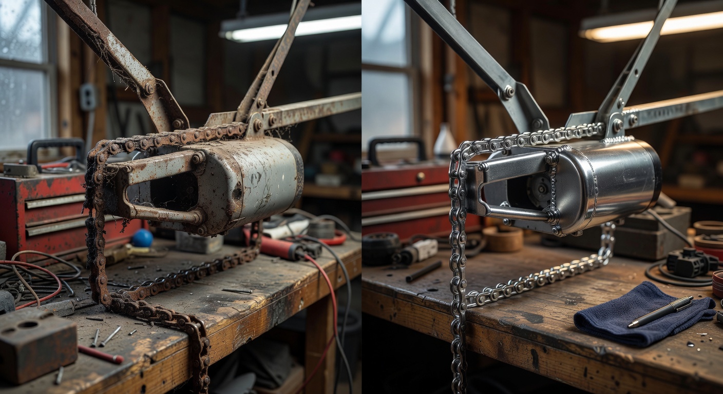 Ultra-realistic 8K before-and-after split image showing a rusty neglected garage door opener on the left and a freshly lubricated and repaired unit on the right