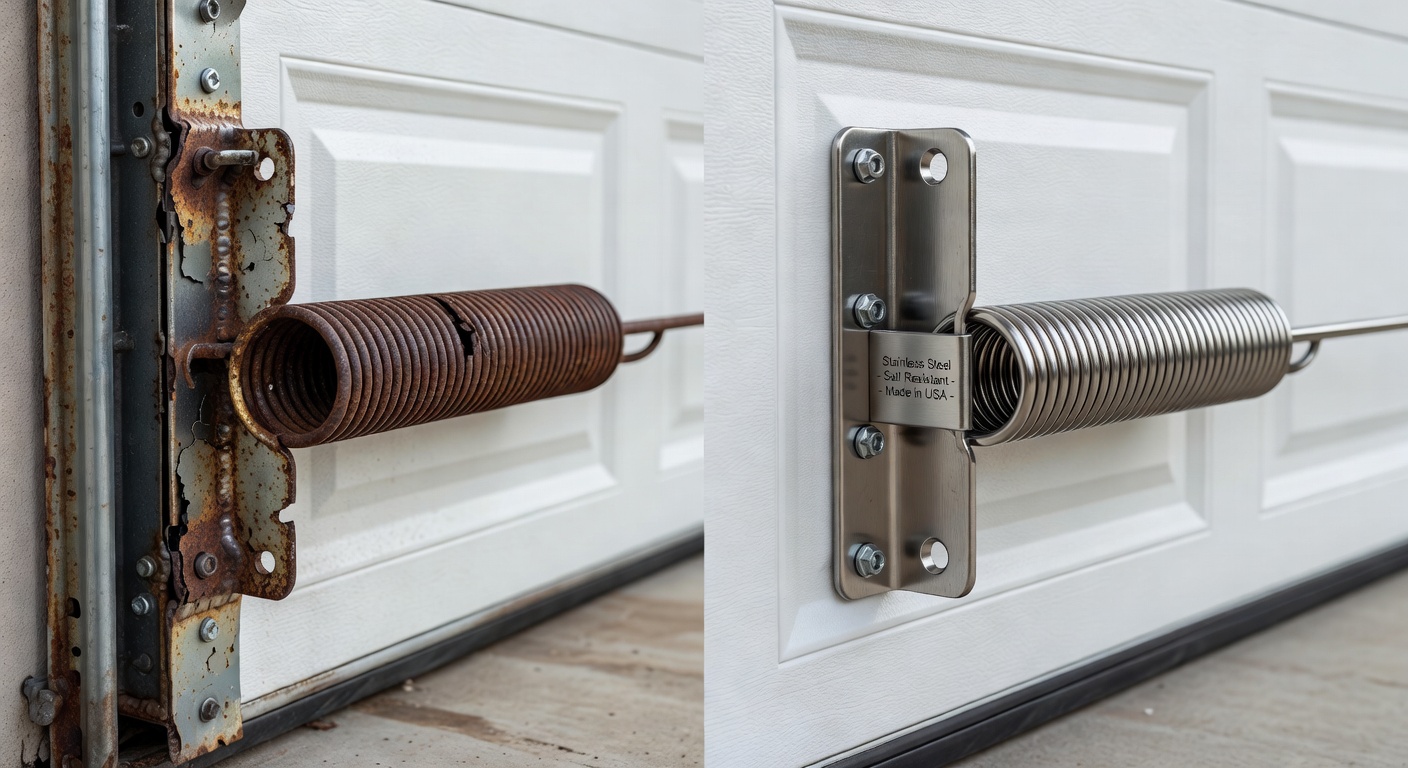 Before and after split image showing heavily rusted garage door hardware versus newly replaced stainless steel components resistant to Florida salt air, ultra detailed 8K