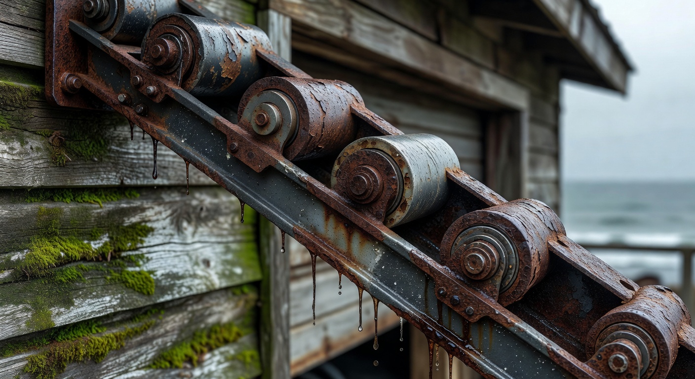 Ultra-realistic 8K detailed close-up of rusted worn garage door rollers and corroded track in humid coastal environment