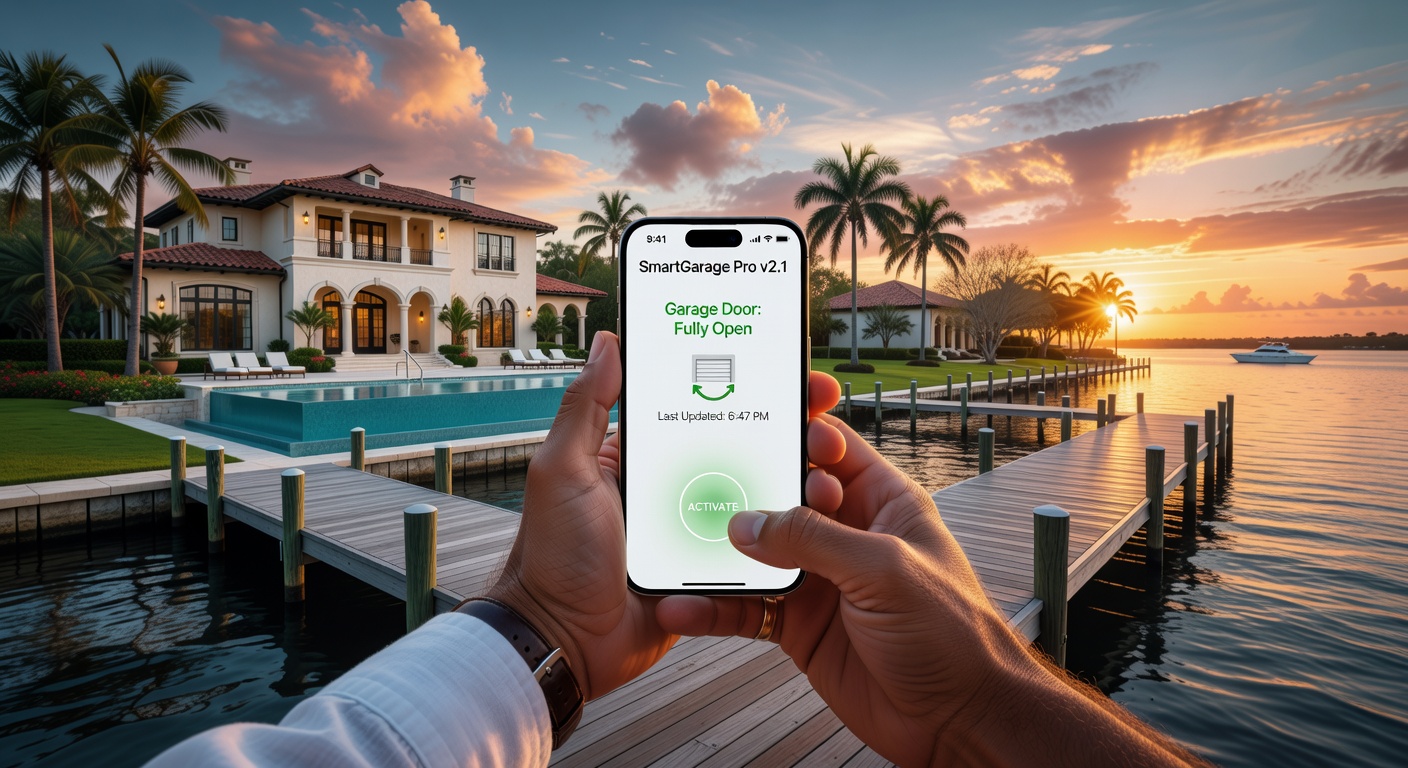 Ultra-realistic 8K photograph of a smart phone displaying a garage door control app with the door status visible in a luxury Cape Coral waterfront property
