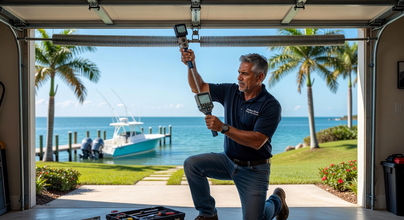 Technician using diagnostic tools to test garage door tension and balance on a waterfront property in Southwest Florida, realistic action shot, bright natural lighting, 8K