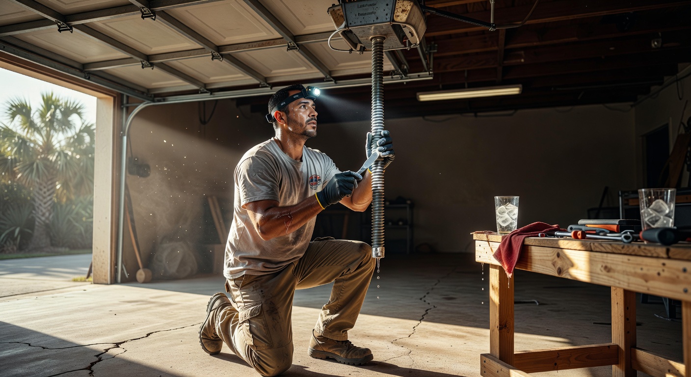Ultra-realistic 8K image of a technician applying white lithium grease to a screw drive garage door opener mechanism during routine maintenance in Florida heat