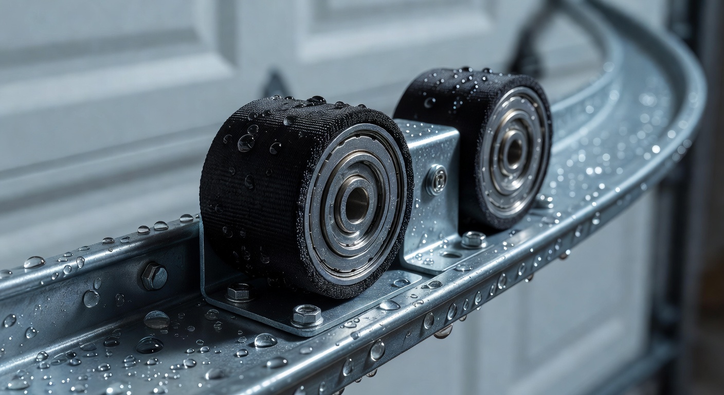 Close-up of high-quality nylon garage door rollers with sealed bearings designed for humid coastal environments, water droplets visible, macro photography, ultra sharp 8K detail
