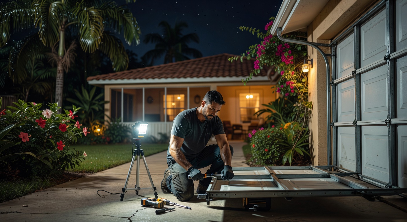 Ultra-realistic 8K image of a technician from IdoGarageDoorsFL.com providing an estimate to a homeowner outside a Cape Coral residence