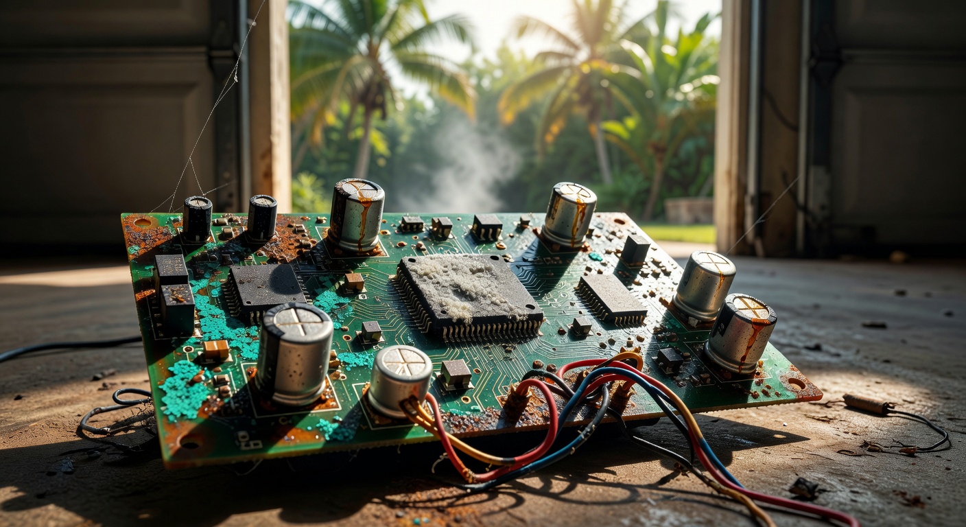 Ultra-realistic 8K close-up of a burnt-out garage door opener circuit board with visible corrosion from humidity damage in a Southwest Florida garage