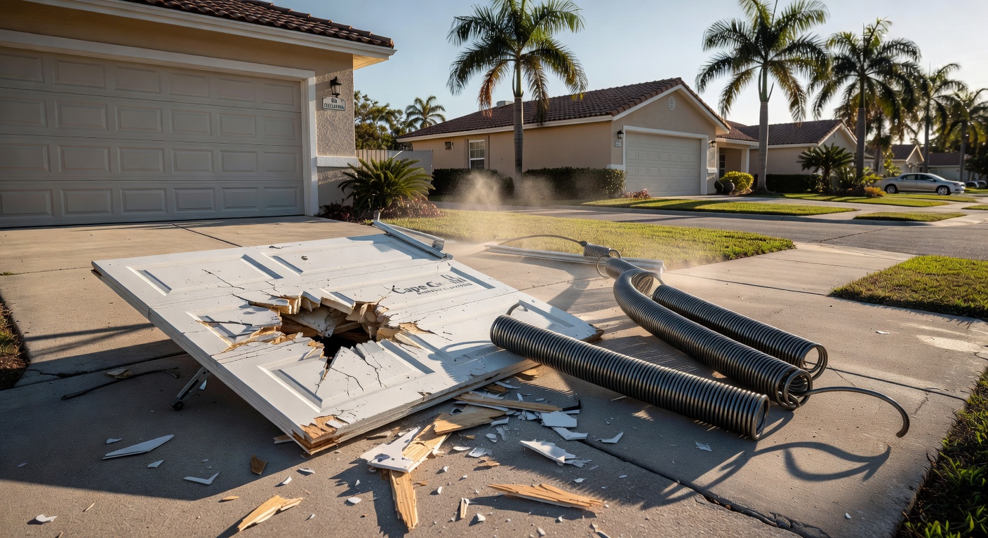 Damaged garage door panel with visible impact marks and misalignment after spring failure, Cape Coral suburban home in background, realistic 8K photography