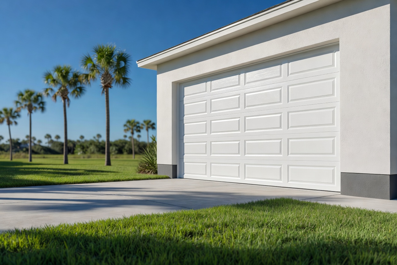 Ultra-realistic 8K photograph of a modern residential garage with a white impact-rated garage door in Cape Coral Florida, bright sunny day, palm trees in background, perfectly manicured lawn, cinematic lighting