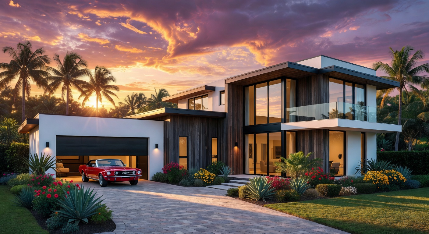 Ultra-realistic 8K photo of a modern Naples Florida home with a garage door partially open during golden hour sunset with palm trees in background, cinematic lighting, highly detailed