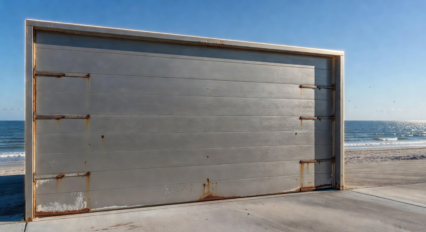 Ultra-realistic 8K photo of a modern residential garage door in Cape Coral Florida with visible salt air corrosion on metal tracks and hinges, bright sunny day with ocean visible in background, highly detailed textures