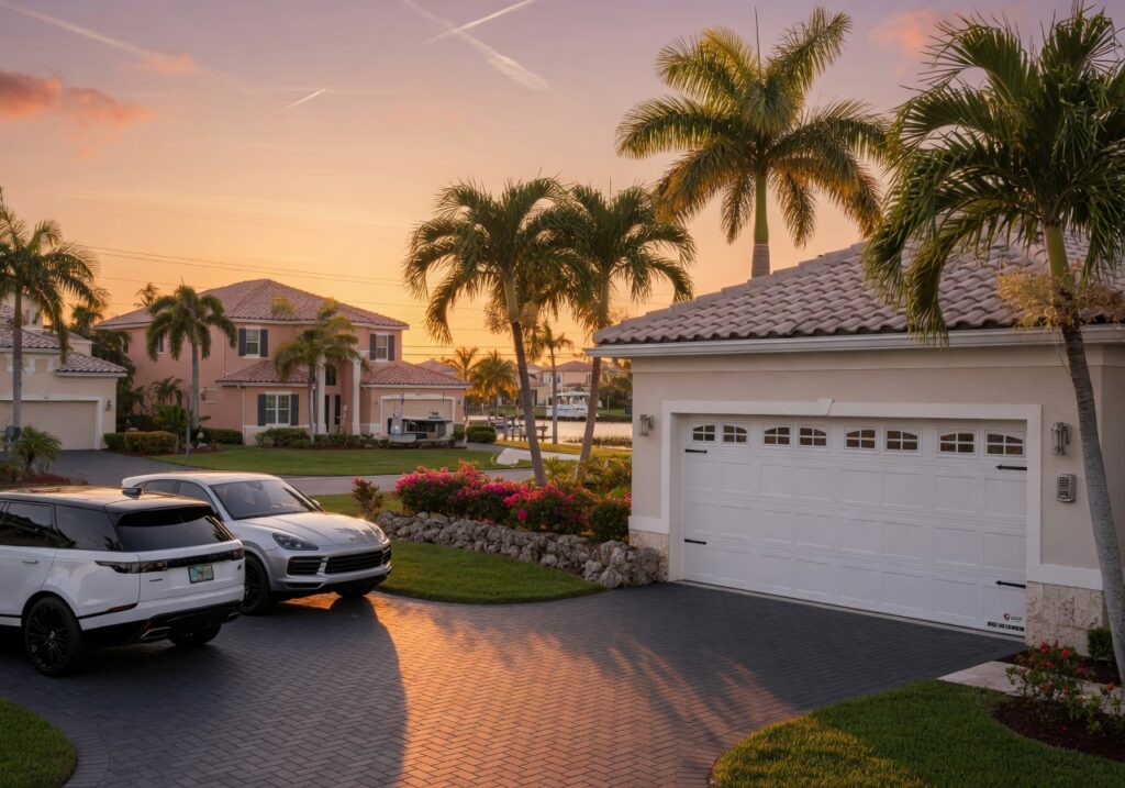 Ultra-realistic 8K photo of a modern two-car garage with a white impact-rated garage door in a beautiful Cape Coral, Florida neighborhood at golden hour, palm trees visible, suburban luxury home exterior