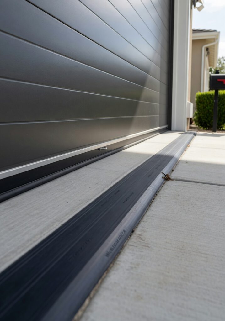 Ultra-realistic 8K photograph of a modern garage door with high-quality black rubber weather stripping installed along the bottom edge, showing perfect seal against concrete floor, bright daylight, suburban home exterior