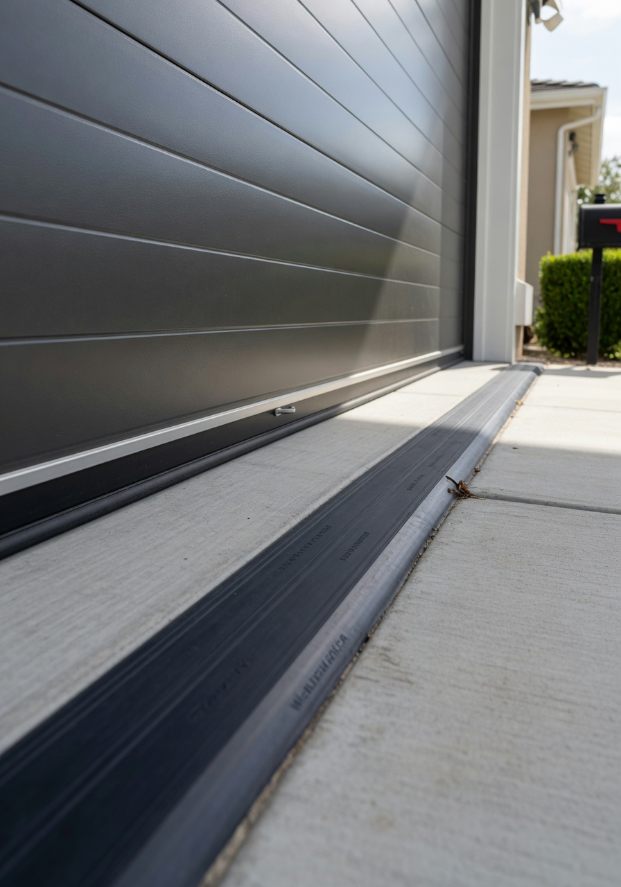 Ultra-realistic 8K photograph of a modern garage door with high-quality black rubber weather stripping installed along the bottom edge, showing perfect seal against concrete floor, bright daylight, suburban home exterior